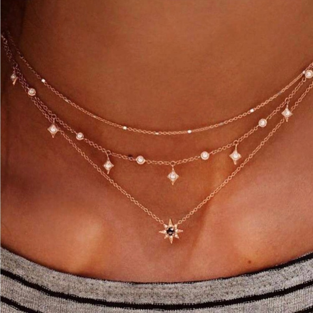Gold Star Rhinestone Layered 1pc Necklace